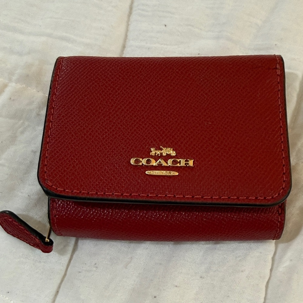 Coach Red Leather Compact Wallet with Gold Logo